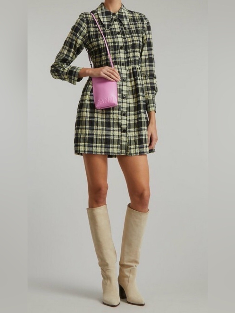 Ganni Black and Green plaid-patterned Seersucker Shirt-Dress Size Small